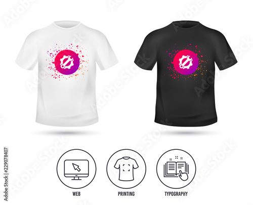 T-shirt mock up template. Service icon. Wrench key with cogwheel gear sign. Realistic shirt mockup design. Printing, typography icon. Vector