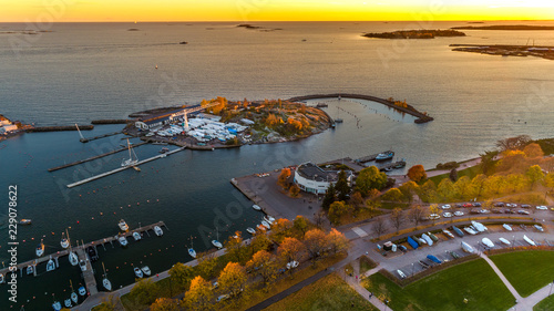 Aerial view of Port Harbour during sunset.Aerial view of harbor.