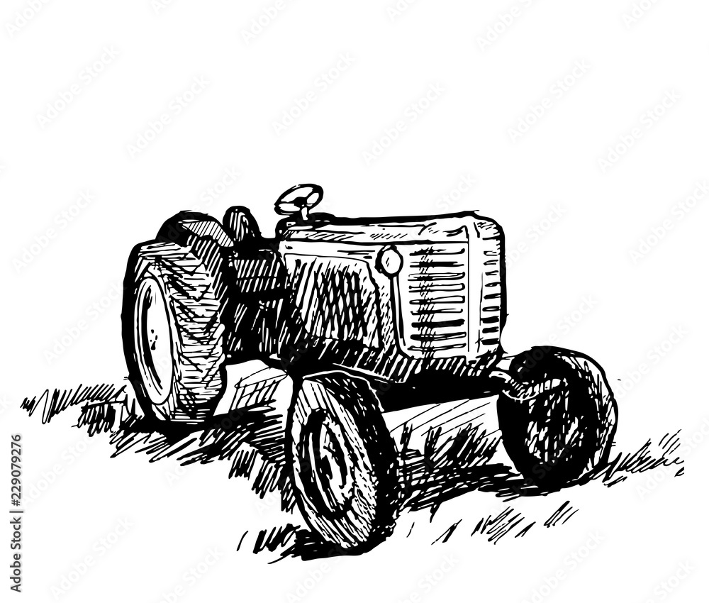 Old tractor with a rural scene in graphic style hand-drawn vector illustration.