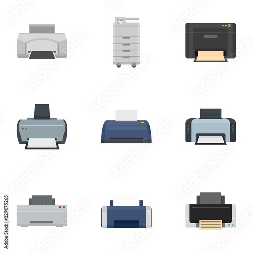 Office printer icon set. Flat set of 9 office printer vector icons for web design