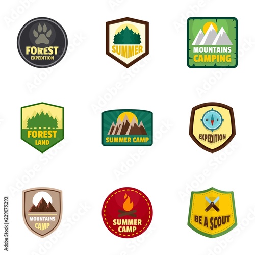 Camp expedition logo emblem set. Flat set of 9 camp expedition vector logo emblem for web design