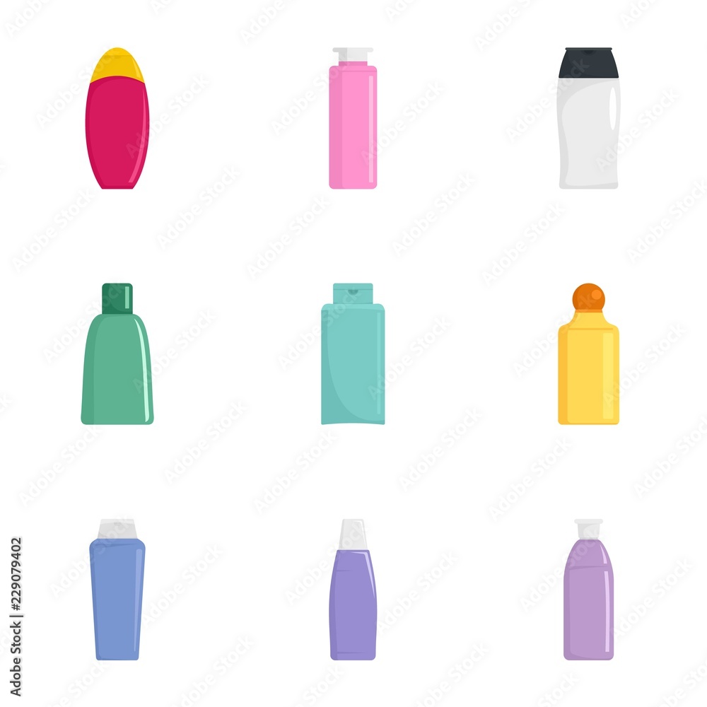 Spa cosmetic bottle icon set. Flat set of 9 spa cosmetic bottle vector icons for web design Spa cosmetic bottle icon set. Flat set of 9 spa cosmetic bottle vector icons for web design
