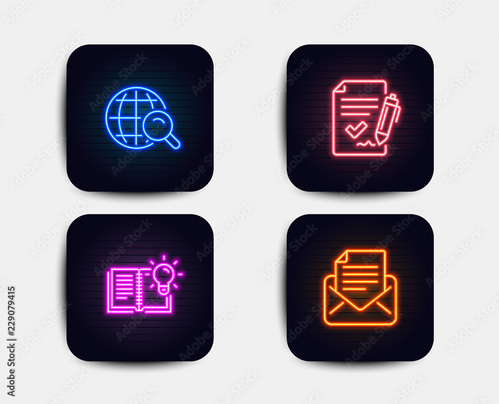 Neon glow lights. Set of Product knowledge, Internet search and Approved agreement icons. Mail correspondence sign. Education process, Web finder, Signature document. E-mail newsletter. Neon icons Neon glow lights. Set of Product knowledge, Internet search and Approved agreement icons. Mail correspondence sign. Education process, Web finder, Signature document. E-mail newsletter. Neon icons