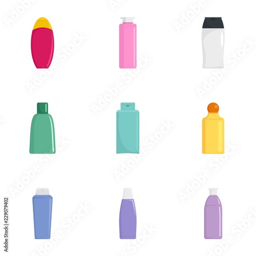 Spa cosmetic bottle icon set. Flat set of 9 spa cosmetic bottle vector icons for web design