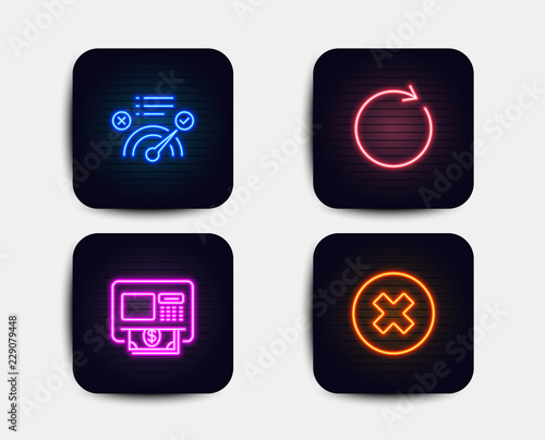 Neon glow lights. Set of Atm, Synchronize and Correct answer icons. Close button sign. Money withdraw, Refresh or update, Approved. Delete or decline. Neon icons. Glowing light banners. Vector