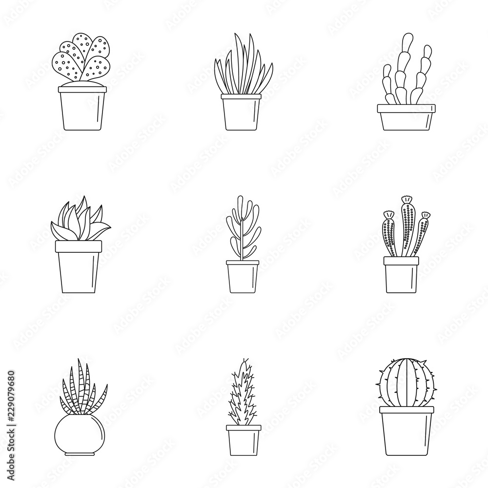 Cacti icon set. Outline set of 9 cacti vector icons for web design isolated on white background Cacti icon set. Outline set of 9 cacti vector icons for web design isolated on white background