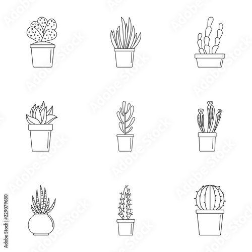 Cacti icon set. Outline set of 9 cacti vector icons for web design isolated on white background