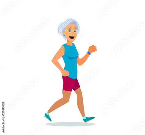 Senior people on scamper . Elderly woman run with armband for jogging. Adult people sport activities. Vector Illustration