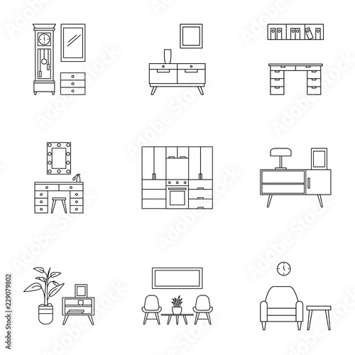 Modern home furniture icon set. Outline set of 9 modern home furniture vector icons for web design isolated on white background