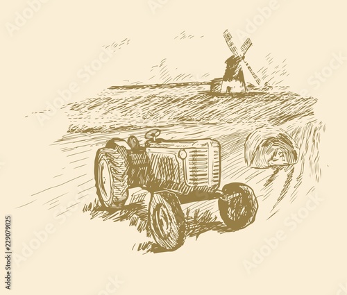 Wheel agricultural tractor. vector sketch on the background of farmland