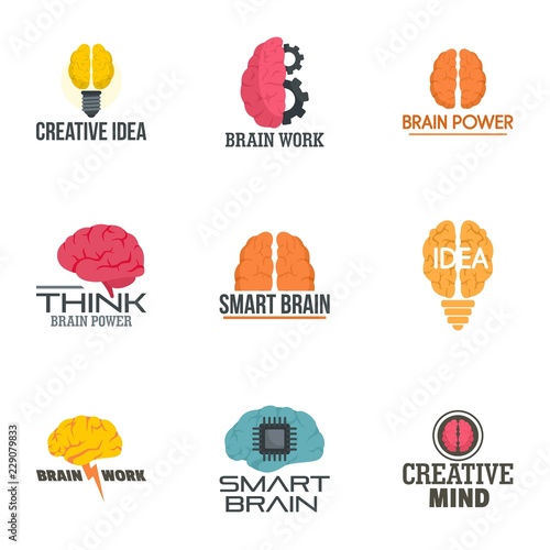 Brain idea logo set. Flat set of 9 brain idea vector logo for web design