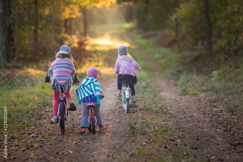 Dzieci na rowerach w jesiennym lesie