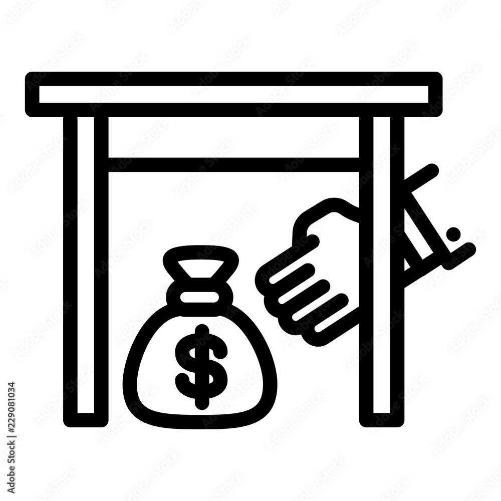 Under table money bag icon. Outline under table money bag vector icon for web design isolated on white background Under table money bag icon. Outline under table money bag vector icon for web design isolated on white background