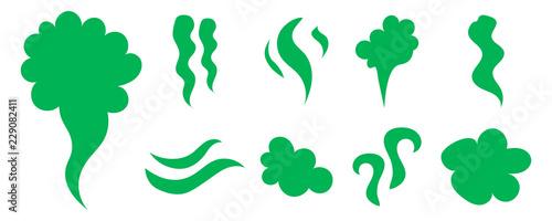 Smell icons. Steaming stench, vapor and cooking steam. Green expired food odor isolated symbols. Green smell smoky, aroma mist and shitty toxic illustration for your web design.