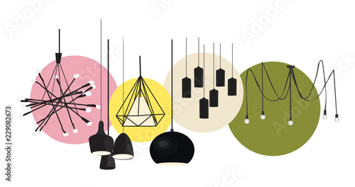 industrial style lamps collection. vector illustration. web site banner. online shop logo advert. interior design. loft style. designer decor