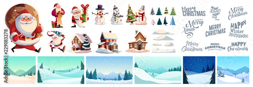 Christmas kit for creating postcards or posters. Included snow-covered houses, Santa Clauses, snowmen, Christmas trees, various snow drifts, lettering for headlines and backgrounds