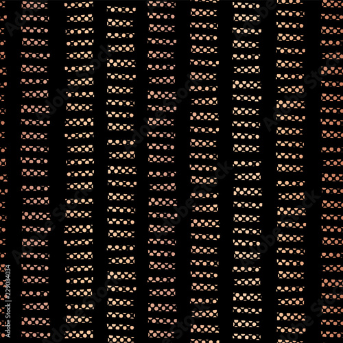 Copper foil vertical stripes seamless vector pattern. Horizontal rose golden textured blocks in vertical lines on black background. For digital paper, New Year, party invitation, birthday celebration