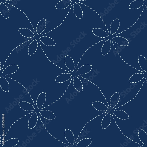 Floral Motif Sashiko StyleJapanese Needlework Seamless Vector Pattern.  Hand Stitch Indigo Blue Line Texture for Textile Print, Classic Japan Decor, Asian  Backdrop or Simple Kimono Quilting Template.