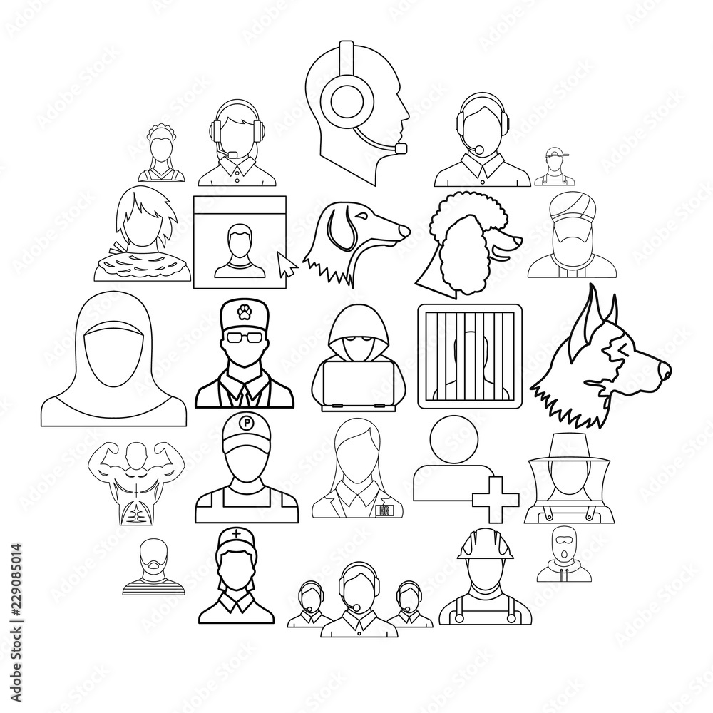 Character icons set. Outline set of 25 character vector icons for web isolated on white background Character icons set. Outline set of 25 character vector icons for web isolated on white background