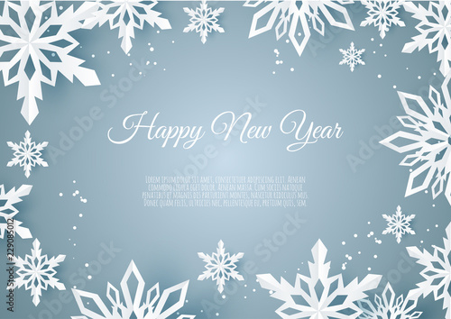 Christmas card with paper snow flake. Falling snowflakes on a dark blue winter background.
