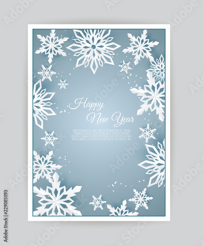 Christmas card with paper snow flake. Falling snowflakes on a dark blue winter background.