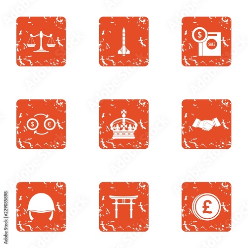 Crown money icons set. Grunge set of 9 crown money vector icons for web isolated on white background