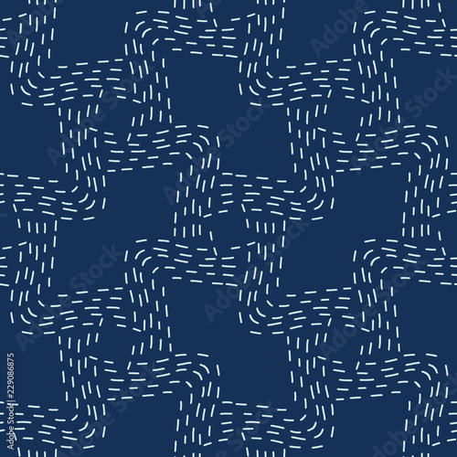Traditional Sashiko StyleJapanese Needlework Seamless Vector Pattern.  Hand Stitch Indigo Blue Line Texture for Textile Prints, Classic Japan Decor, Asian  Backdrop or Simple Kimono Quilting Template.