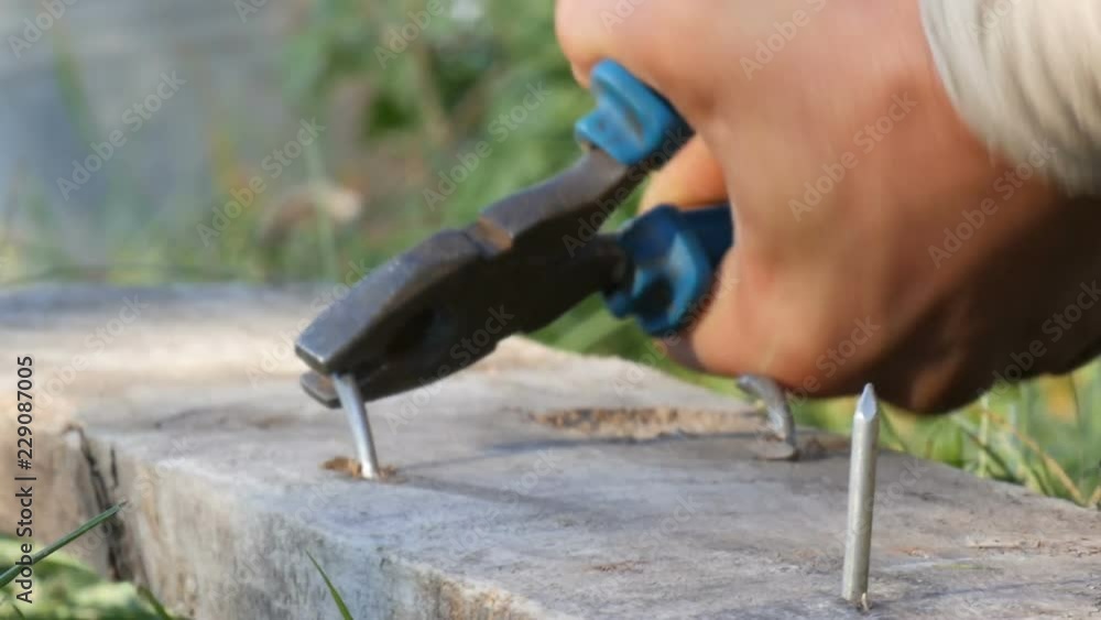 Man bends iron nails with pliers on an old board Man bends iron nails with pliers on an old board