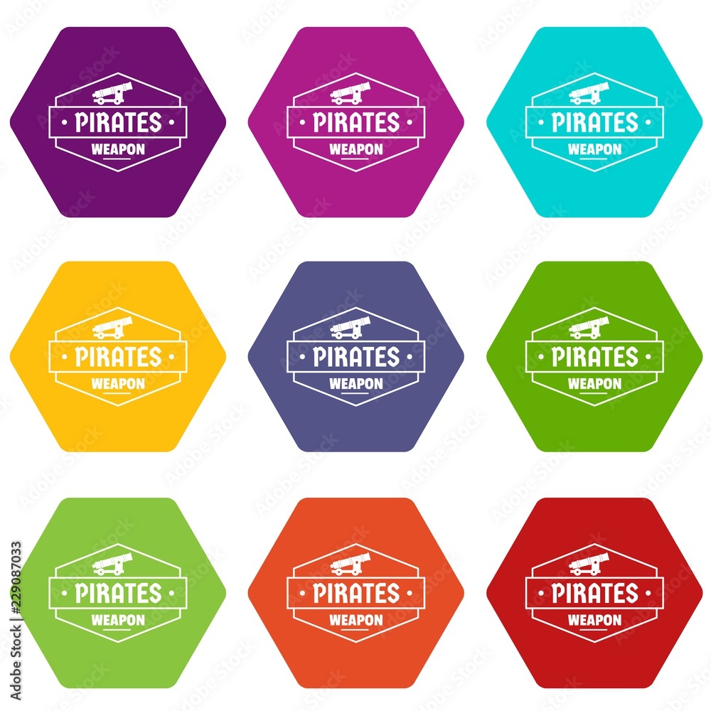 Pirate cannon icons 9 set coloful isolated on white for web Pirate cannon icons 9 set coloful isolated on white for web