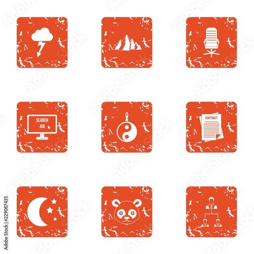 Orientalism icons set. Grunge set of 9 orientalism vector icons for web isolated on white background