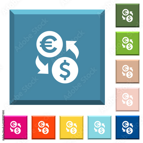 Dollar Euro money exchange white icons on edged square buttons
