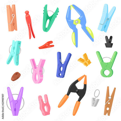 Clothespin vector clothespeg and office clamp clip holding tool pin for laundry illustration set of clothes-peg or wooden clothes-pin isolated on white background