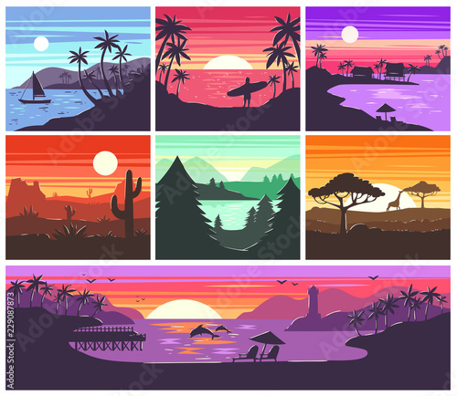 Sunset vector sunrise with Hawaii palms or mountain silhouette on backdrop illustration set of tropical sunlight background and summer sunshine seacoast wallpaper