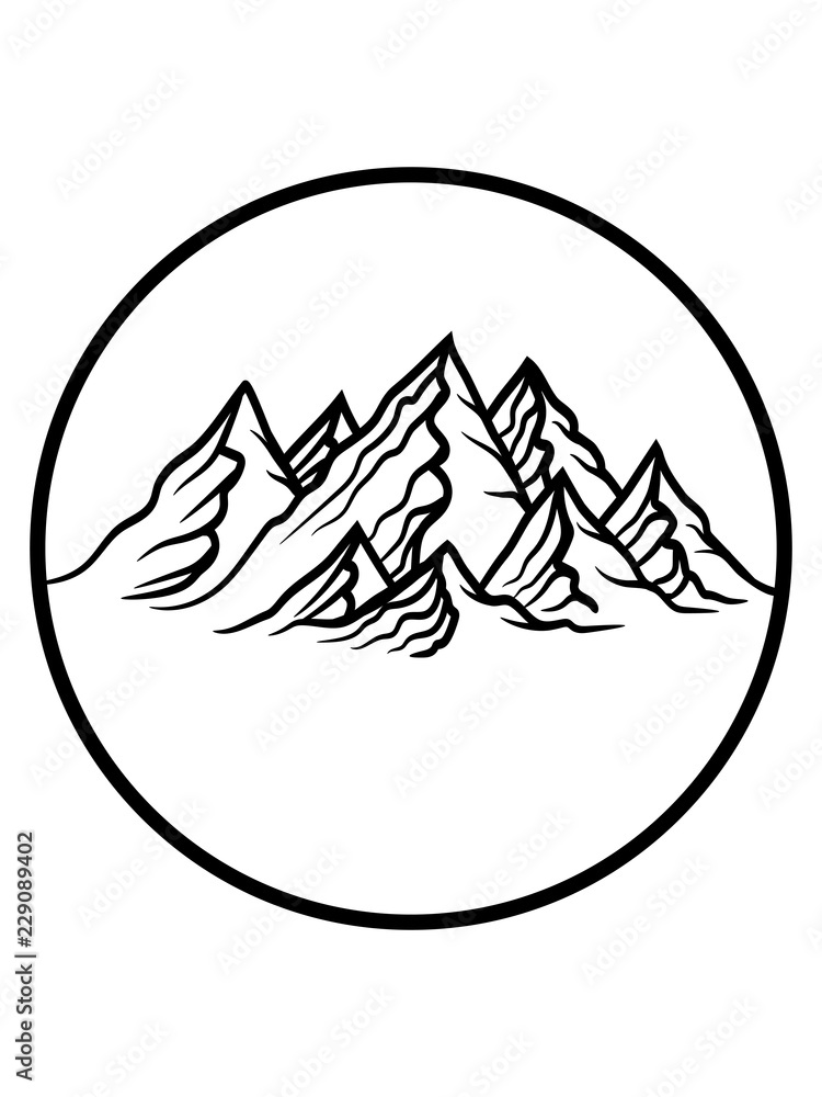 rund kreis logo berge hügel alpen wandern urlaug ferien radtour hoch oben klettern aufsteigen besteigen erklimmen berg clipart design kalt schnee snowboard ski fahren