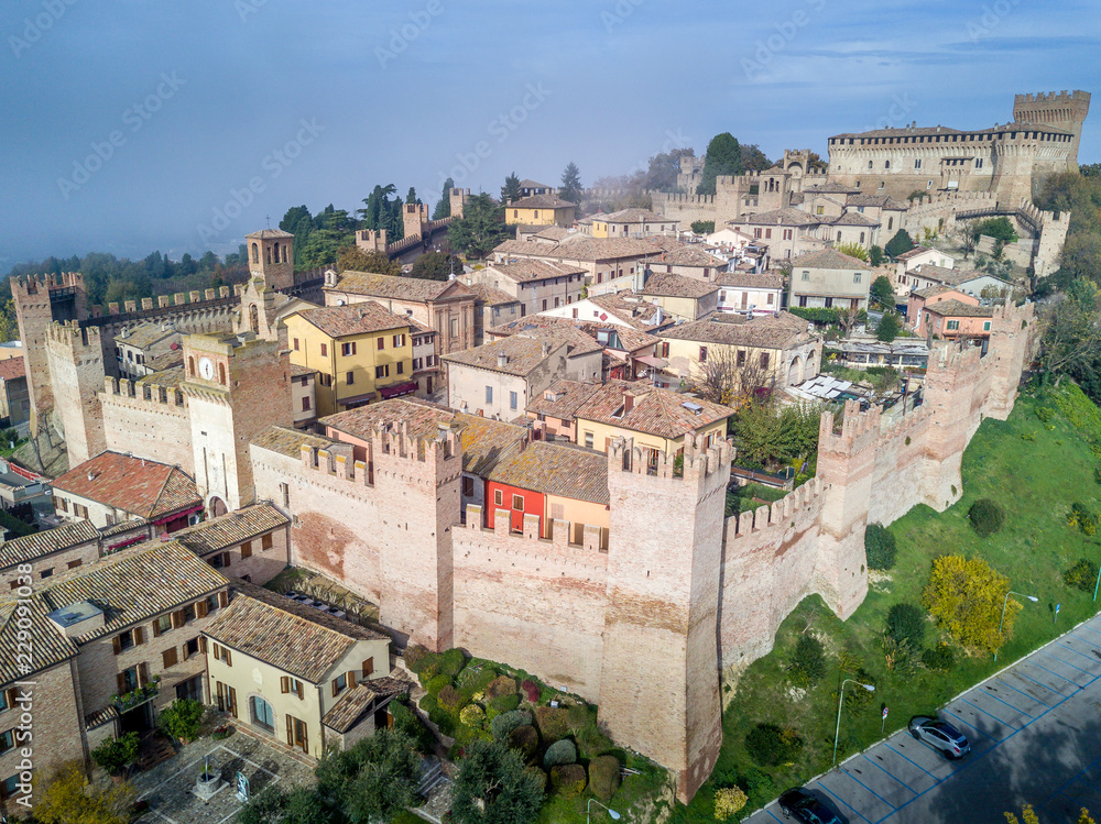 Aerial view of Gradara castle and fortified town near Rimini Italy