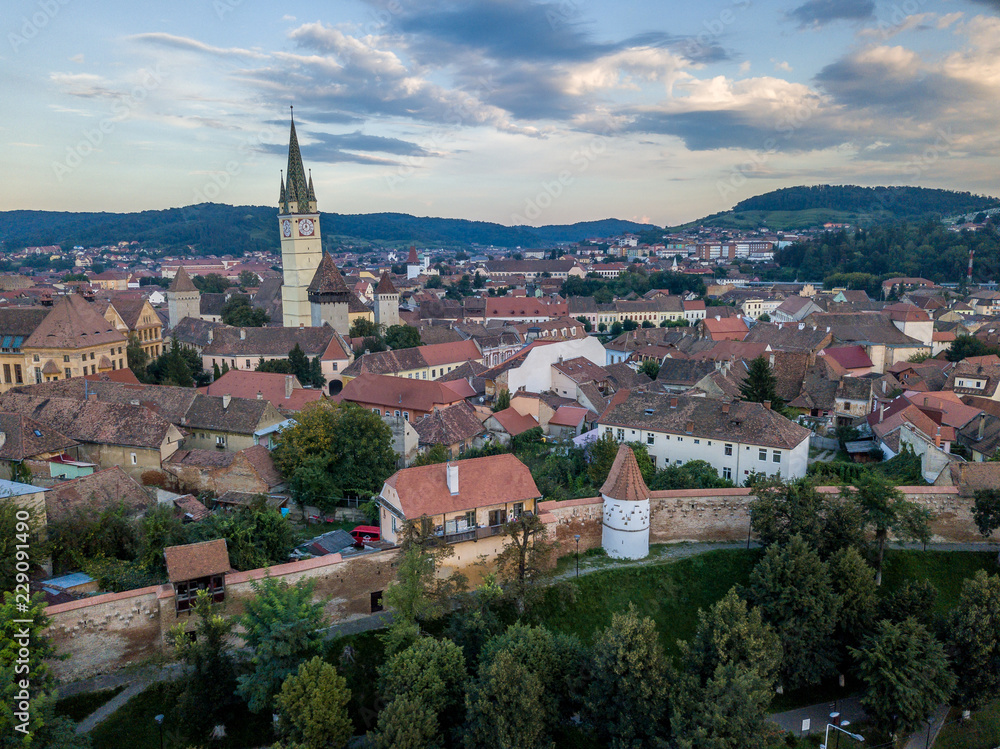 Aerial view of Medias old medieval Saxon town with fortified church in Transylvania Romania