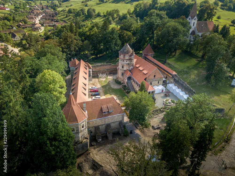 Aerial view of Cris Keresd Bethlen castle in Transylvania Romania