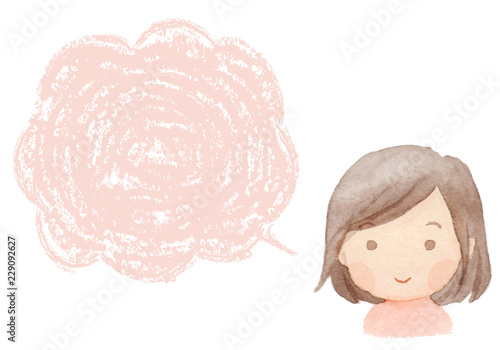 女の子　笑顔　フキダシ　水彩