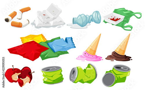 Set of waste on white background