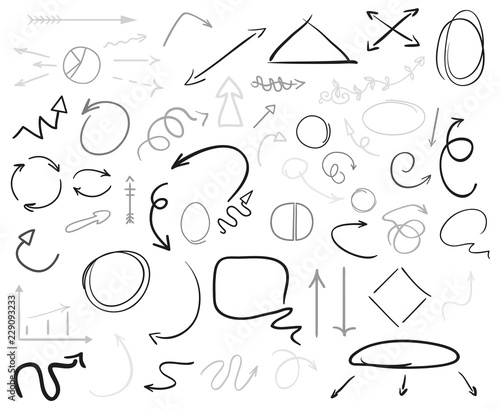 Infographic elements on isolation background. Collection of arrows on white. Hand drawn simple arrow. Line art. Set of different signs. Doodles for work and business. Art creation