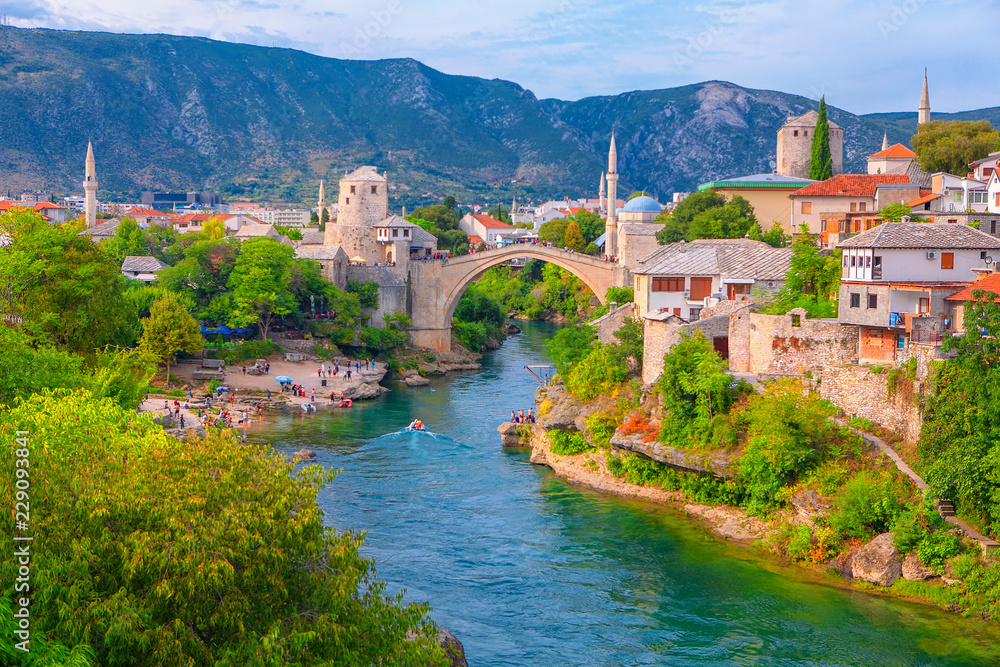 view of Mostar city and famous bridge 