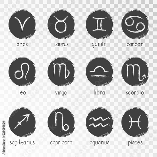 Vector set of zodiac grunge icons on a transparent background. Hand drawn elements. 