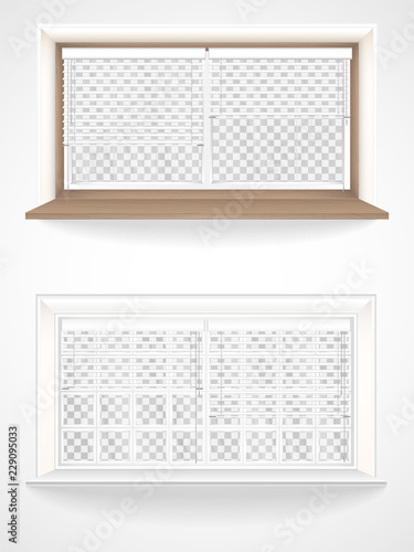 Vector set of wooden and plastic windows in realistic style, jalousie and transparent glass.