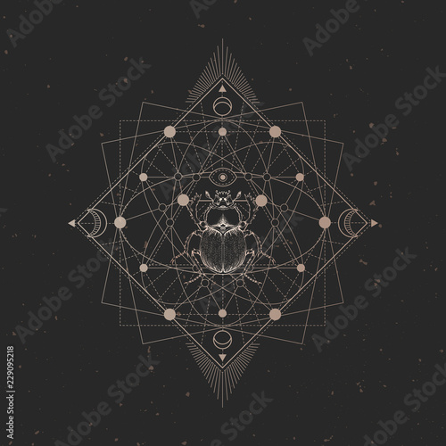 Vector illustration with hand drawn scarab and Sacred geometric symbol on black vintage background. Abstract mystic sign and insect. Gold linear shape. For you design.