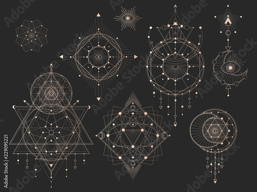 Vector set of Sacred geometric symbols with moon, eye, arrows, dreamcatcher and figures on black background. Gold abstract mystic signs collection drawn in lines. For you design.