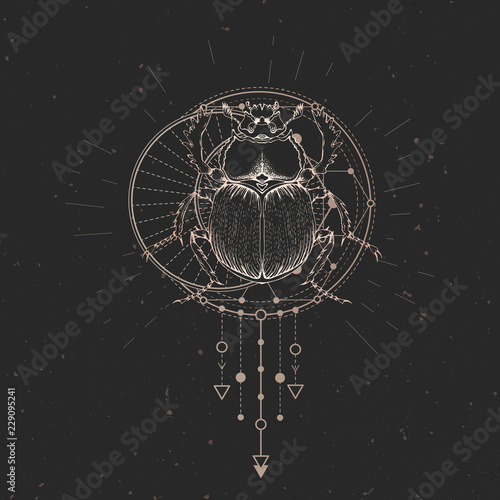 Vector illustration with hand drawn scarab and Sacred geometric symbol on black vintage background. Abstract mystic sign and insect. Gold linear shape. For you design.