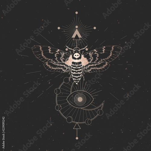 Vector illustration with hand drawn dead head moth and Sacred geometric symbol on black vintage background. Abstract mystic sign. Gold linear shape. For you design.