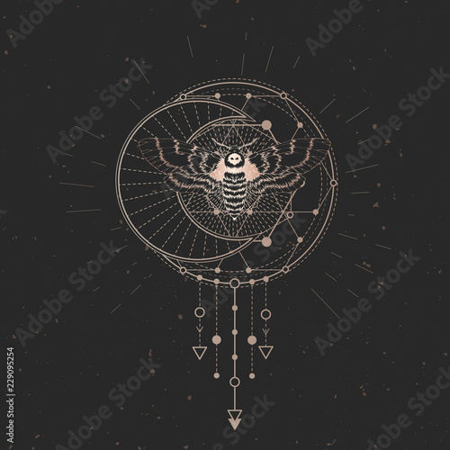 Vector illustration with hand drawn dead head moth and Sacred geometric symbol on black vintage background. Abstract mystic sign and insect. Gold linear shape. For you design.