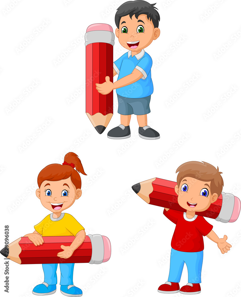 Cartoon happy kids holding big pencils Stock Vector | Adobe Stock