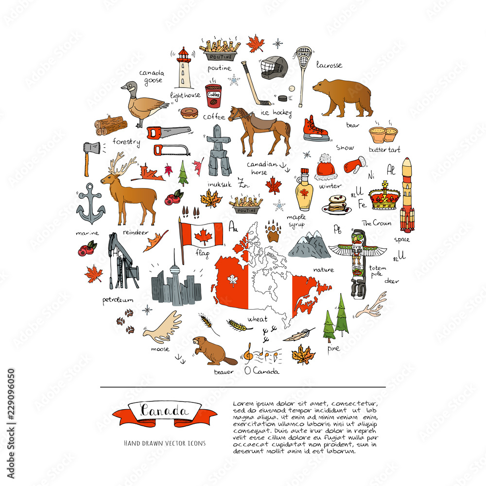 Hand drawn doodle Canada icons set Vector illustration isolated symbols collection of canadian symbols Cartoon elements: bear, map, flag, maple, beaver, deer, goose, totem pole, horse, hockey, poutine